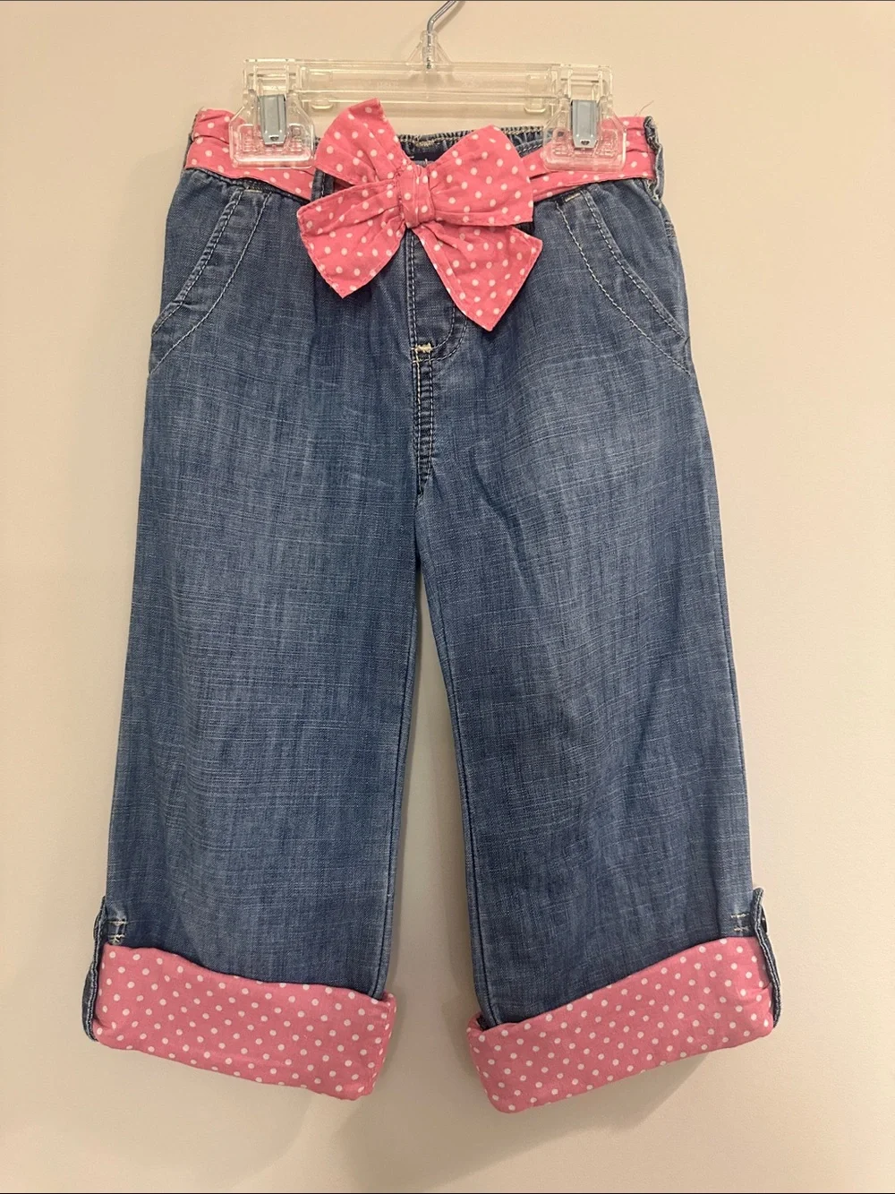 GAP Pink Polka Dot Smocked Peplum Top with matching cuffed/uncuffed denim bottom